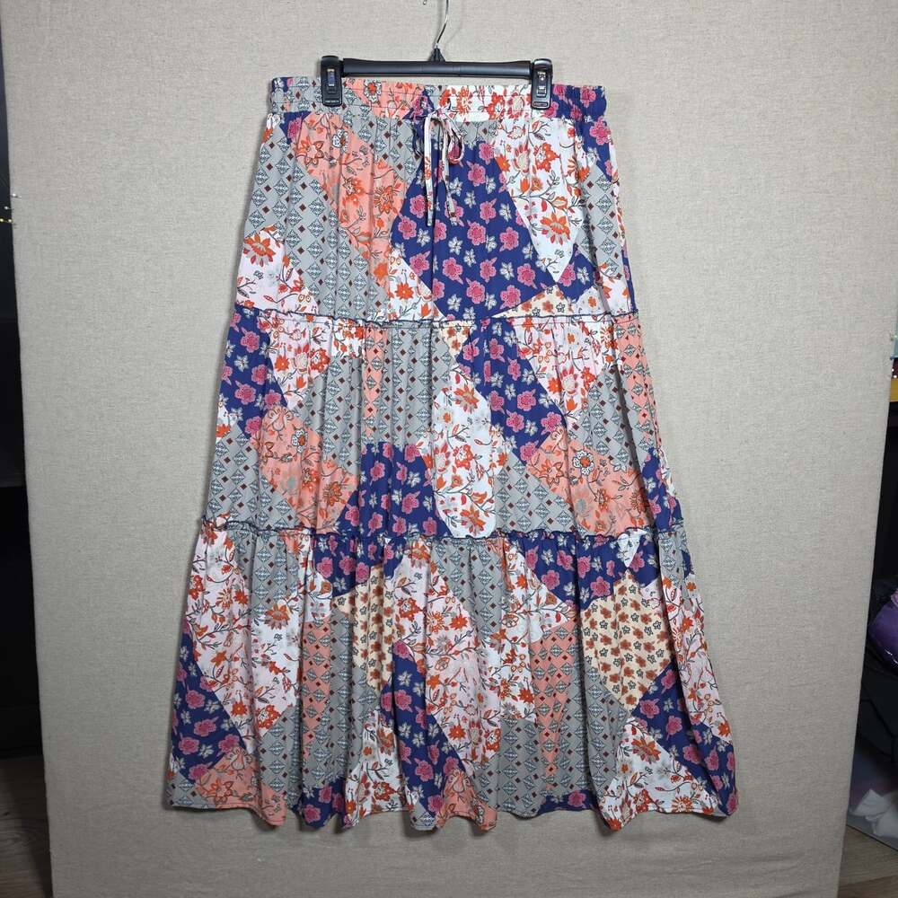 Boho Tiered Patchwork Maxi Skirt Women's Size 2XL Floral Smocked Cottage